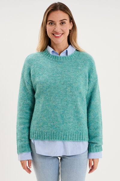 Pull col rond manches longues bleu canard femme