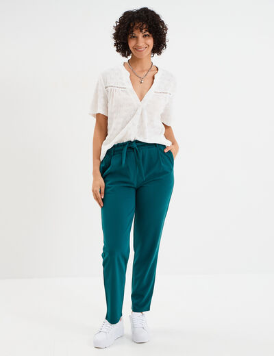 Pantalon city paperbag ceinturé 7/8ème vert foncé femme