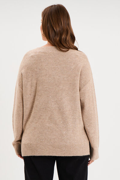 Pull droit sequins col V manches longues beige femme grande taille