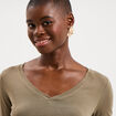 T-shirt col en V manches longues coton vert kaki femme