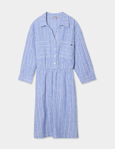 Robe col chemise 2 poches mélange lin bleu femme