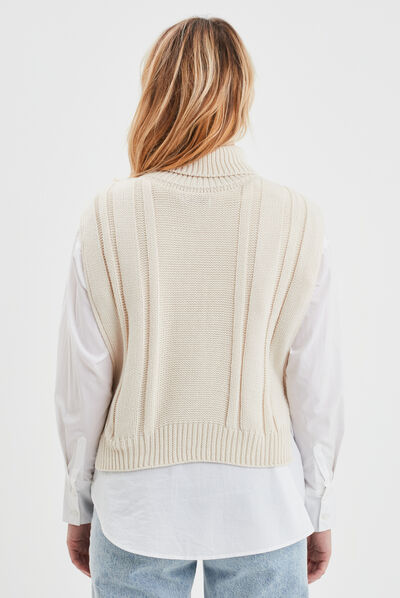 Poncho à noeuds col roulé sans manches sable femme