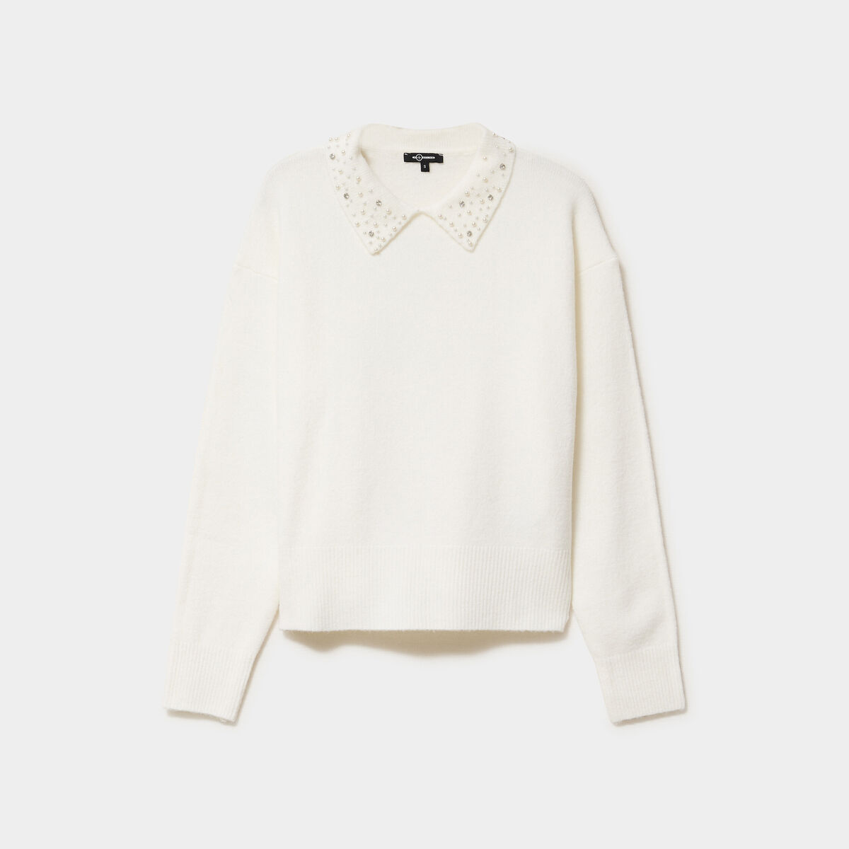 Pull col chemise strass et perles blanc femme