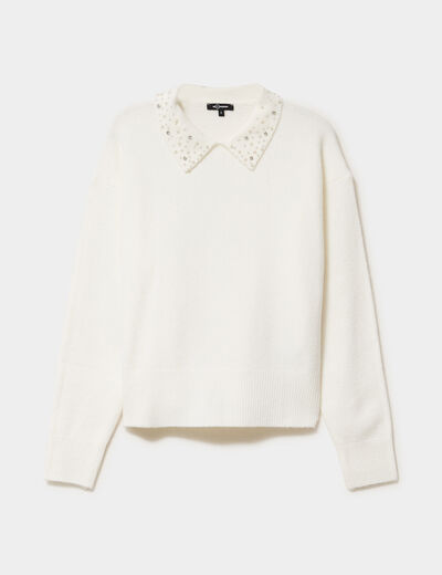 Pull col chemise strass et perles blanc femme