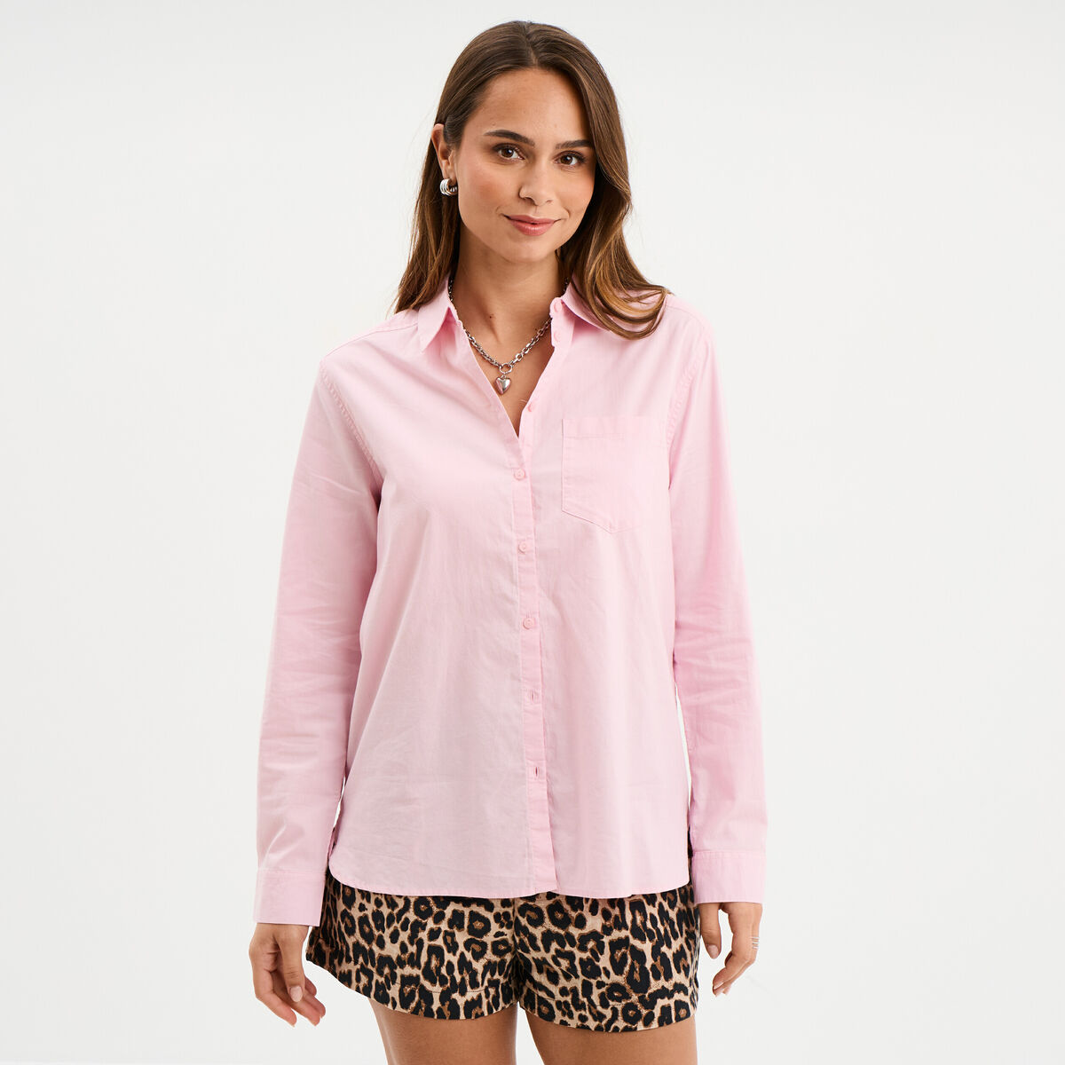 Chemise manches longues 1 poche coton rose clair femme