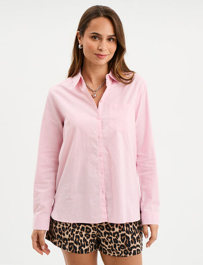 Chemise manches longues 1 poche coton rose clair femme