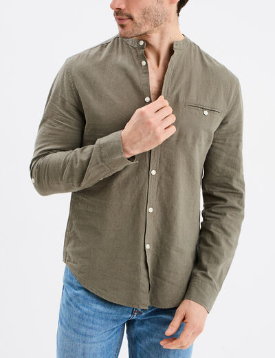 Chemise col mao lin mélangé vert kaki homme