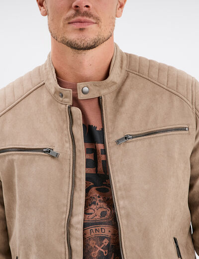 Blouson motard suédine doublé taupe homme