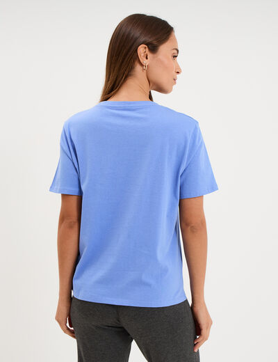 T-shirt col rond manches courtes coton bleu lavande femme