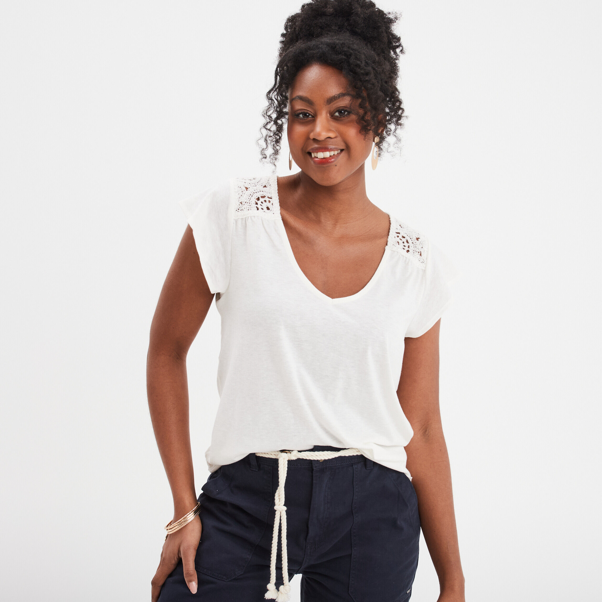 T-shirt épaules et dos macramé blanc femme LH