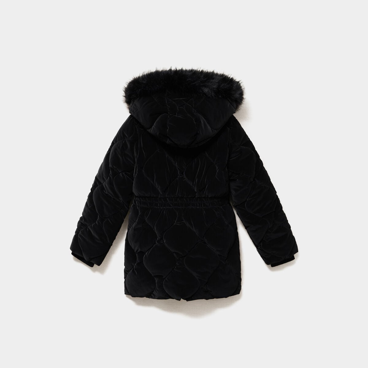 Doudoune mi-longue d&eacute;perlante &agrave; capuche noir fille