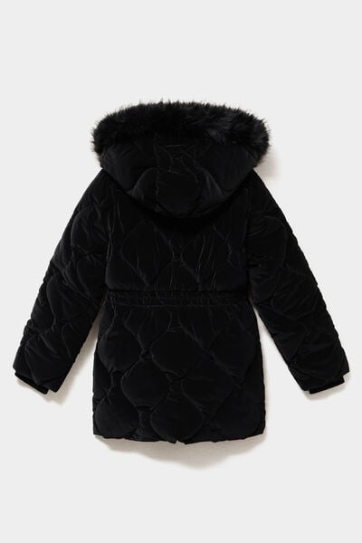 Doudoune mi-longue d&eacute;perlante &agrave; capuche noir fille