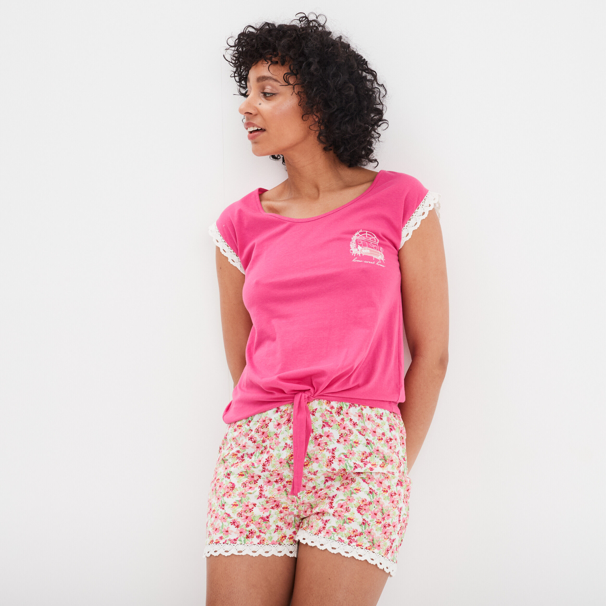 Ensemble pyjama 2 pièces t-shirt à noeud multicolore femme LH