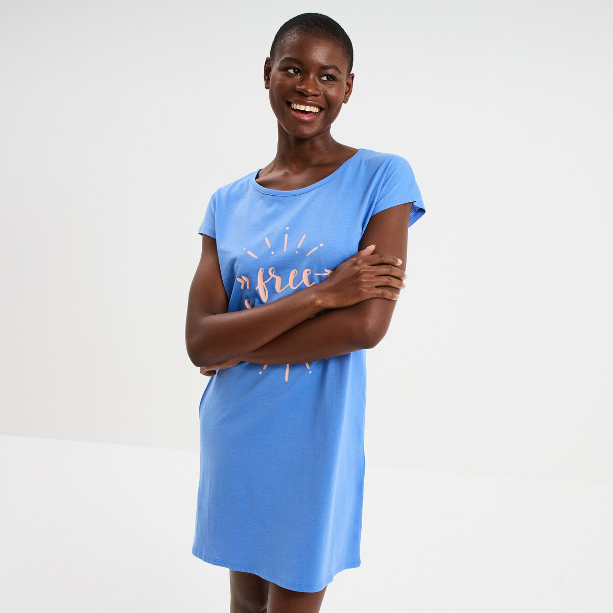 Chemise de nuit courte coton bleu electrique femme