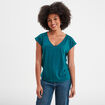 T-shirt col en V dentelle épaules et dos bleu canard femme
