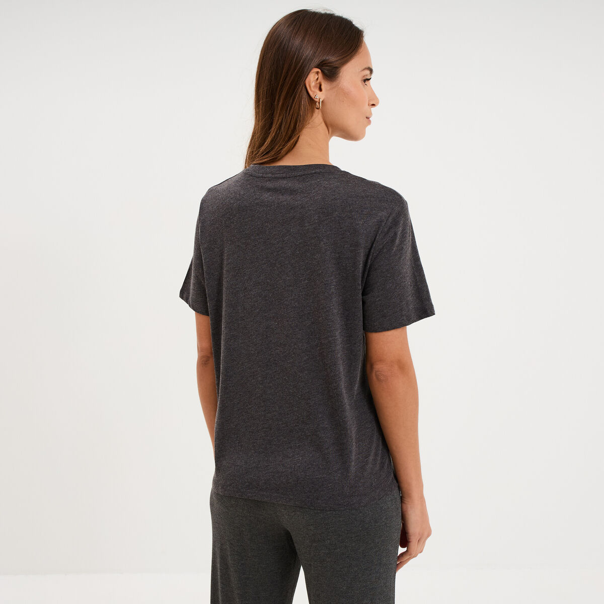 T-shirt col rond manches courtes coton gris fonc&eacute; femme