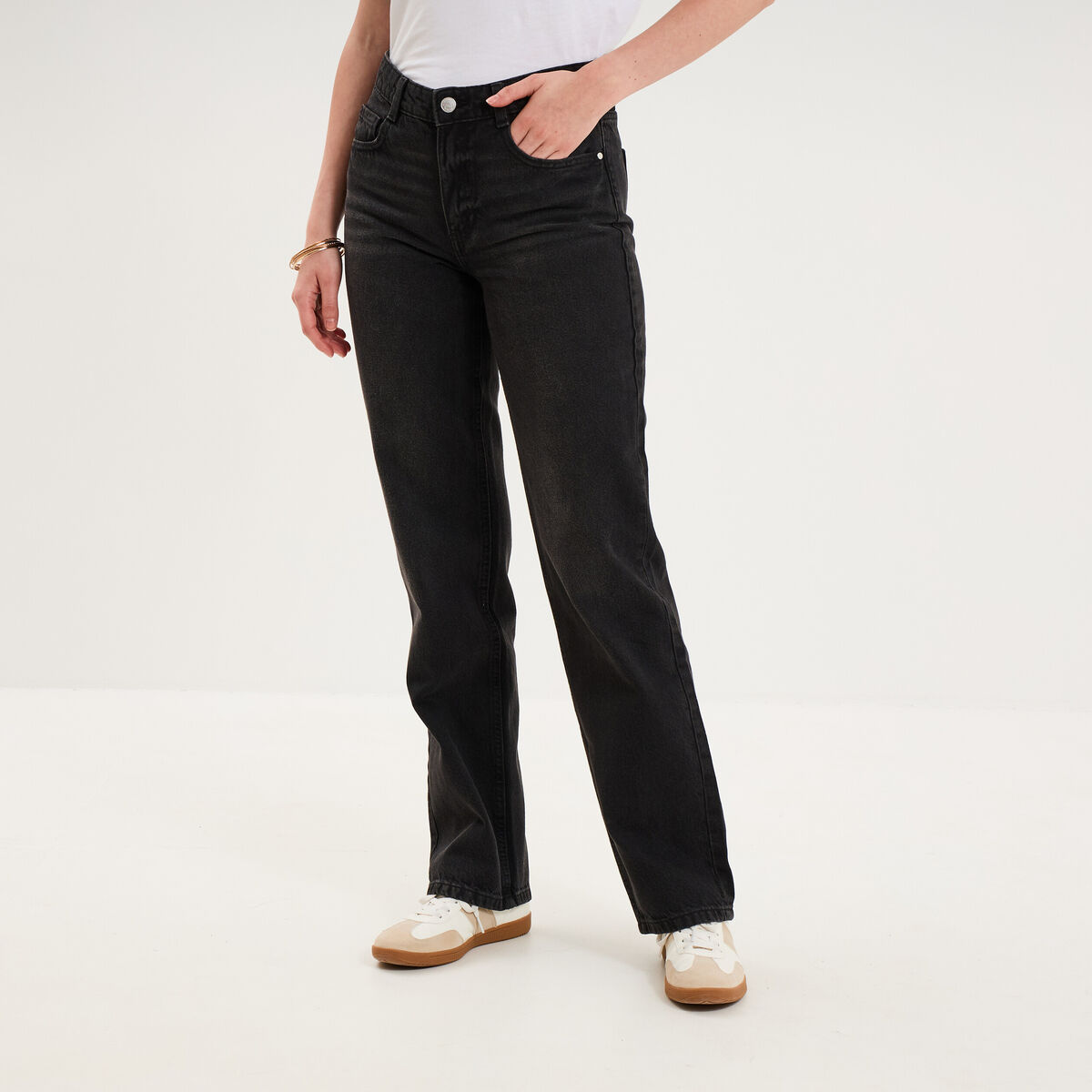 Jean droit taille basse coton denim noir femme