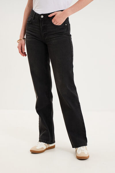 Jean droit taille basse coton denim noir femme