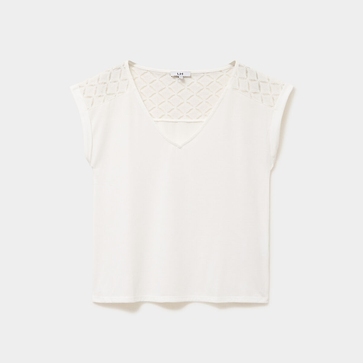 T-shirt col en V ajour&eacute; &eacute;paules et dos blanc femme