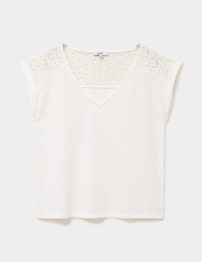 T-shirt col en V ajour&eacute; &eacute;paules et dos blanc femme