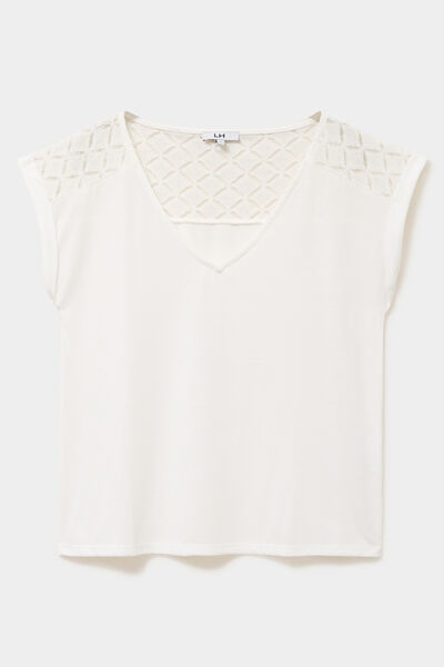 T-shirt col en V ajour&eacute; &eacute;paules et dos blanc femme