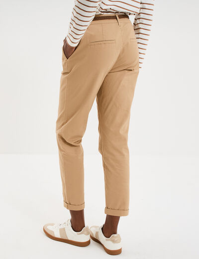 Pantalon chino 7/8&egrave;me ceinture tress&eacute;e beige femme