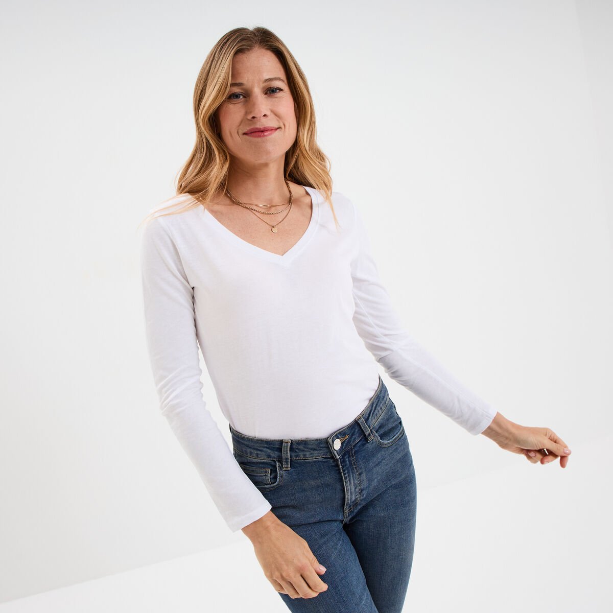 T-shirt col en V manches longues coton blanc femme