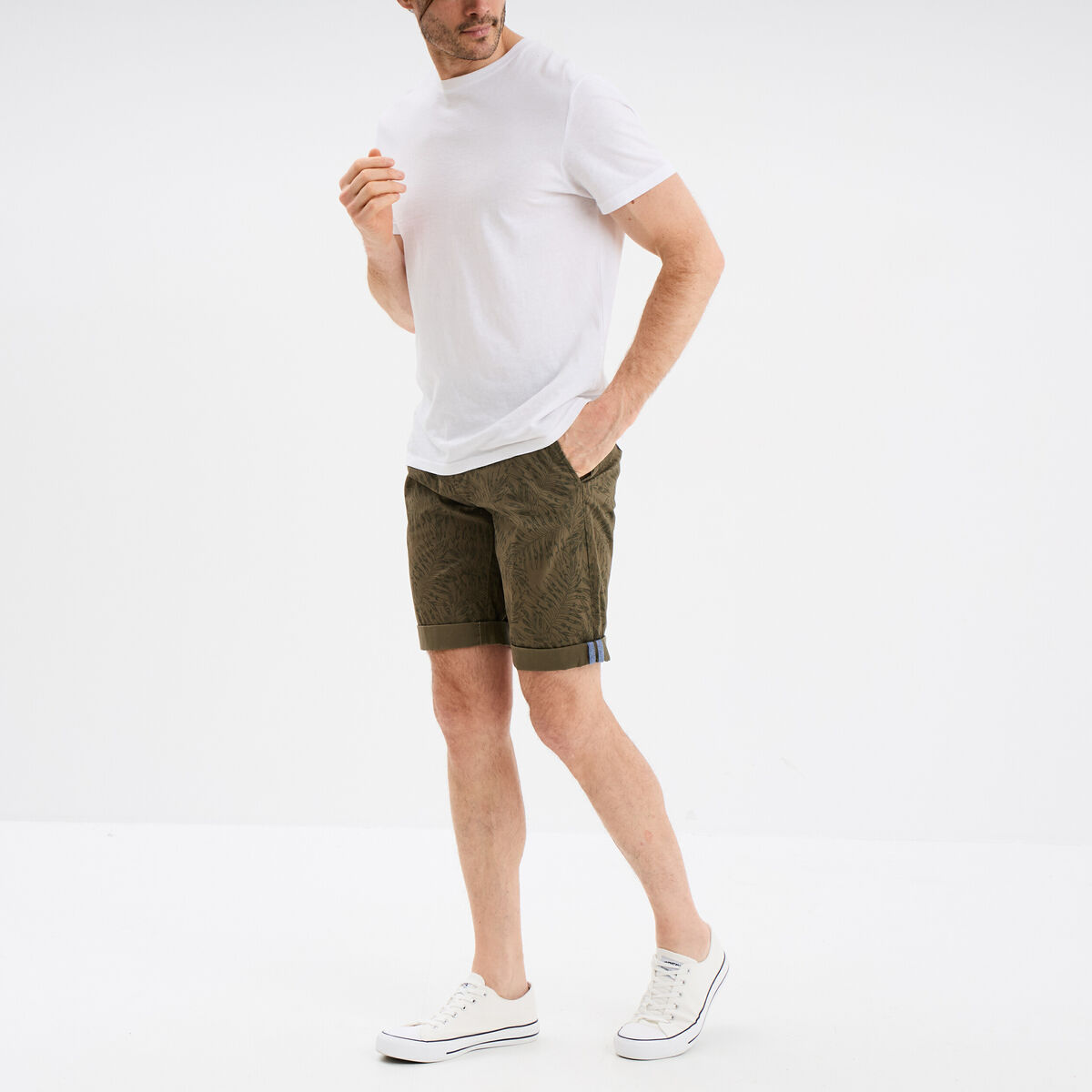 Bermuda short chino droit coton stretch vert kaki homme