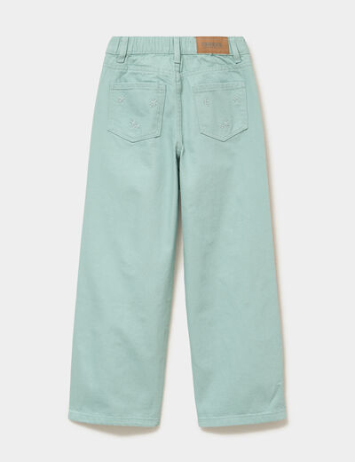 Pantalon large brod&eacute; taille ajustable bleu gris fille