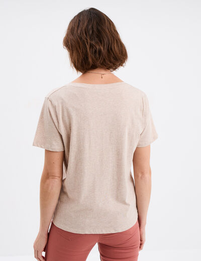 T-shirt manches courtes col en V coton beige femme