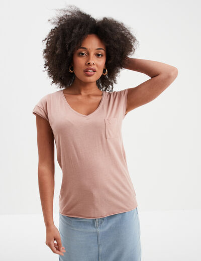 T-shirt col v poche poitrine Creeks rose poudrée femme