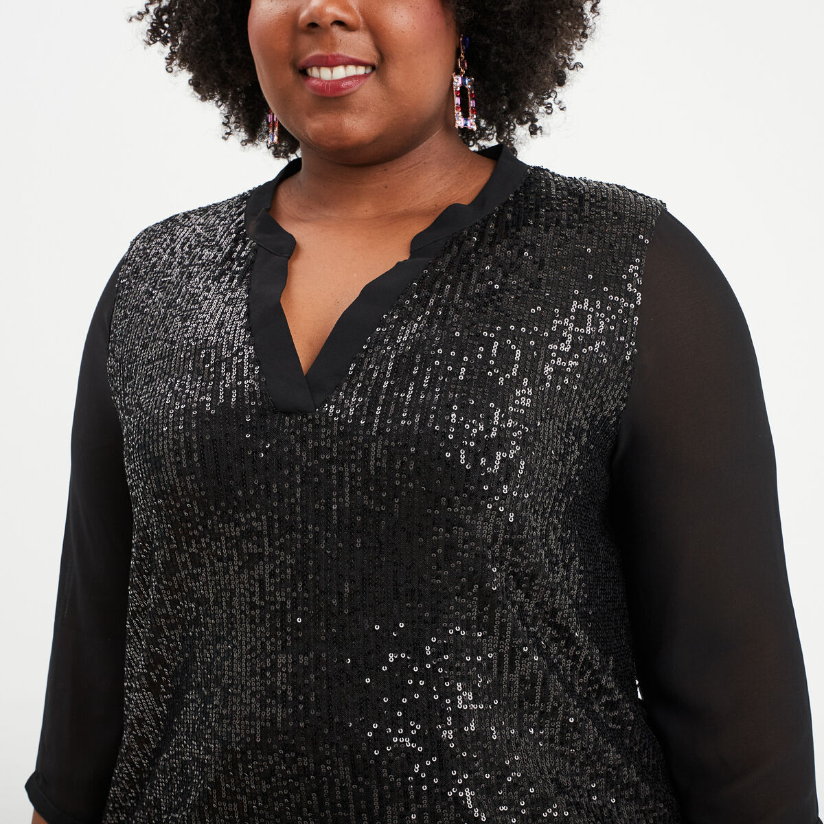 Blouse sequins manches 3/4 transparentes noir femme grande taille