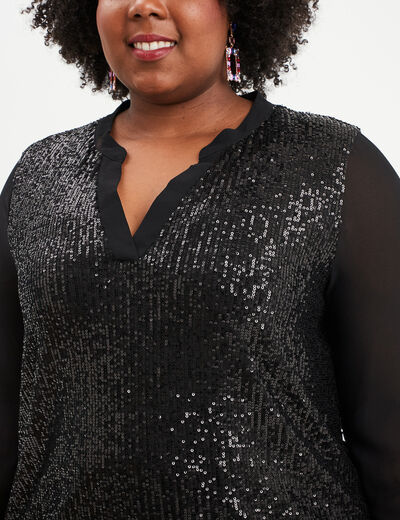Blouse sequins manches 3/4 transparentes noir femme grande taille