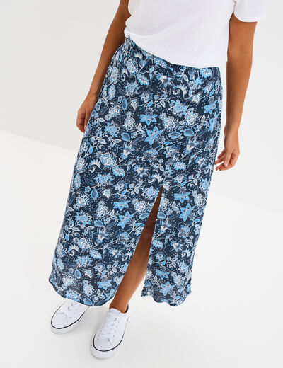 Jupe midi fendue fluide bleu marine femme