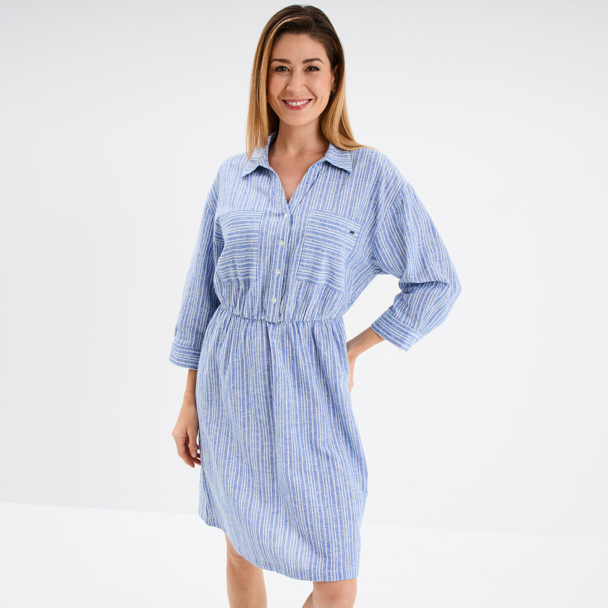 Robe col chemise 2 poches mélange lin bleu femme