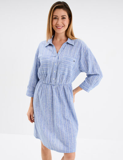 Robe col chemise 2 poches mélange lin bleu femme
