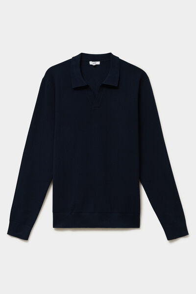 Pull col polo manches longues bleu marine homme