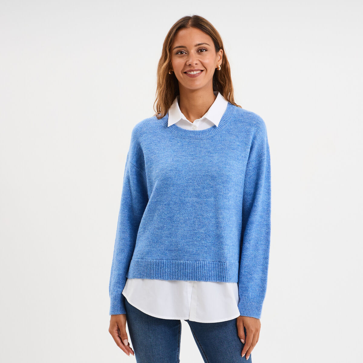 Pull effet 2-en-1 chemise bleu clair femme
