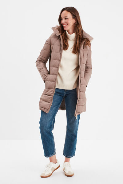 Doudoune droite à capuche taupe femme
