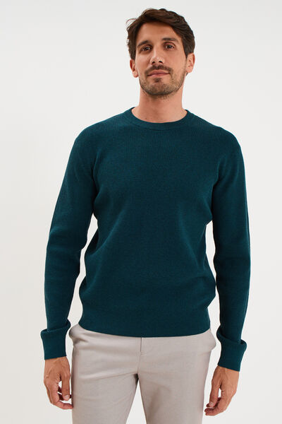 Pull en maille textur&eacute;e col rond bleu canard homme