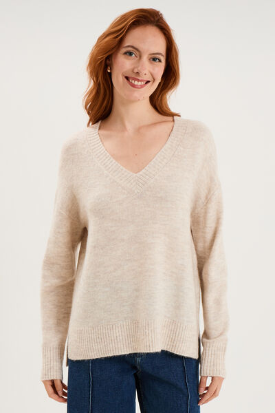 Pull col en V manches longues ecru femme