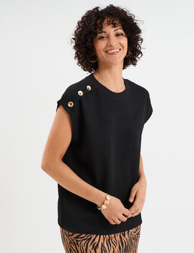 T-shirt gaufr&eacute; col rond avec boutons noir femme