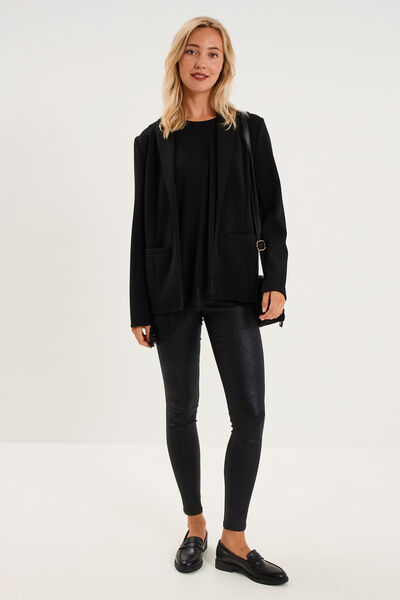 Pantalon slim enduit &agrave; taille haute noir femme