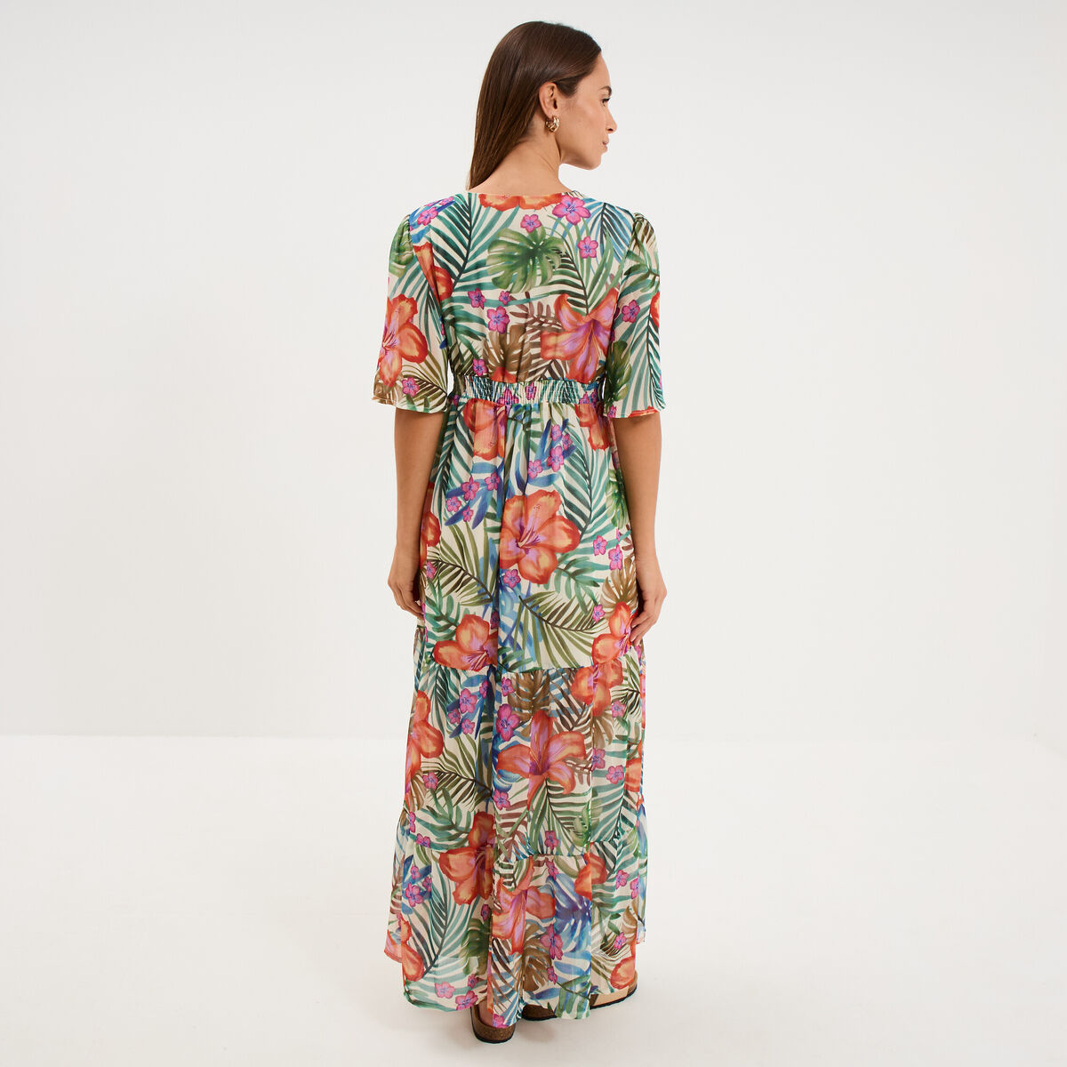 Robe longue bas volants col en V multicolore femme