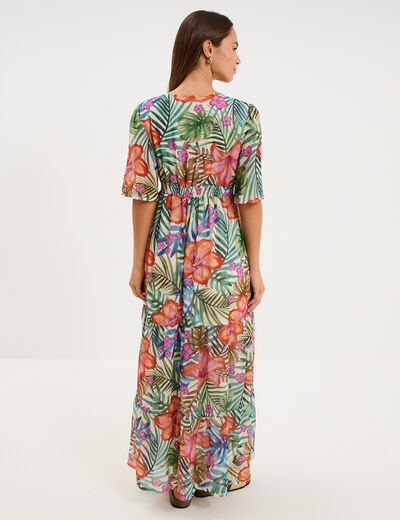 Robe longue bas volants col en V multicolore femme