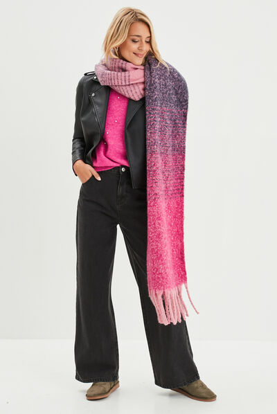 Pull col rond manches longues à strass rose fushia femme