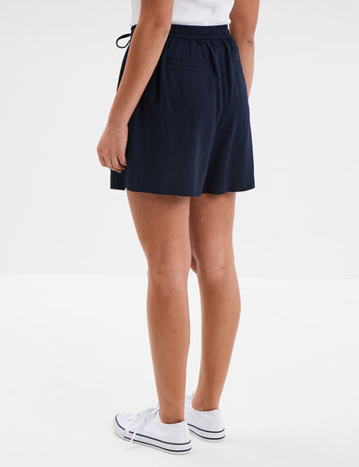 Short large lin mélangé à coulisse bleu foncé femme