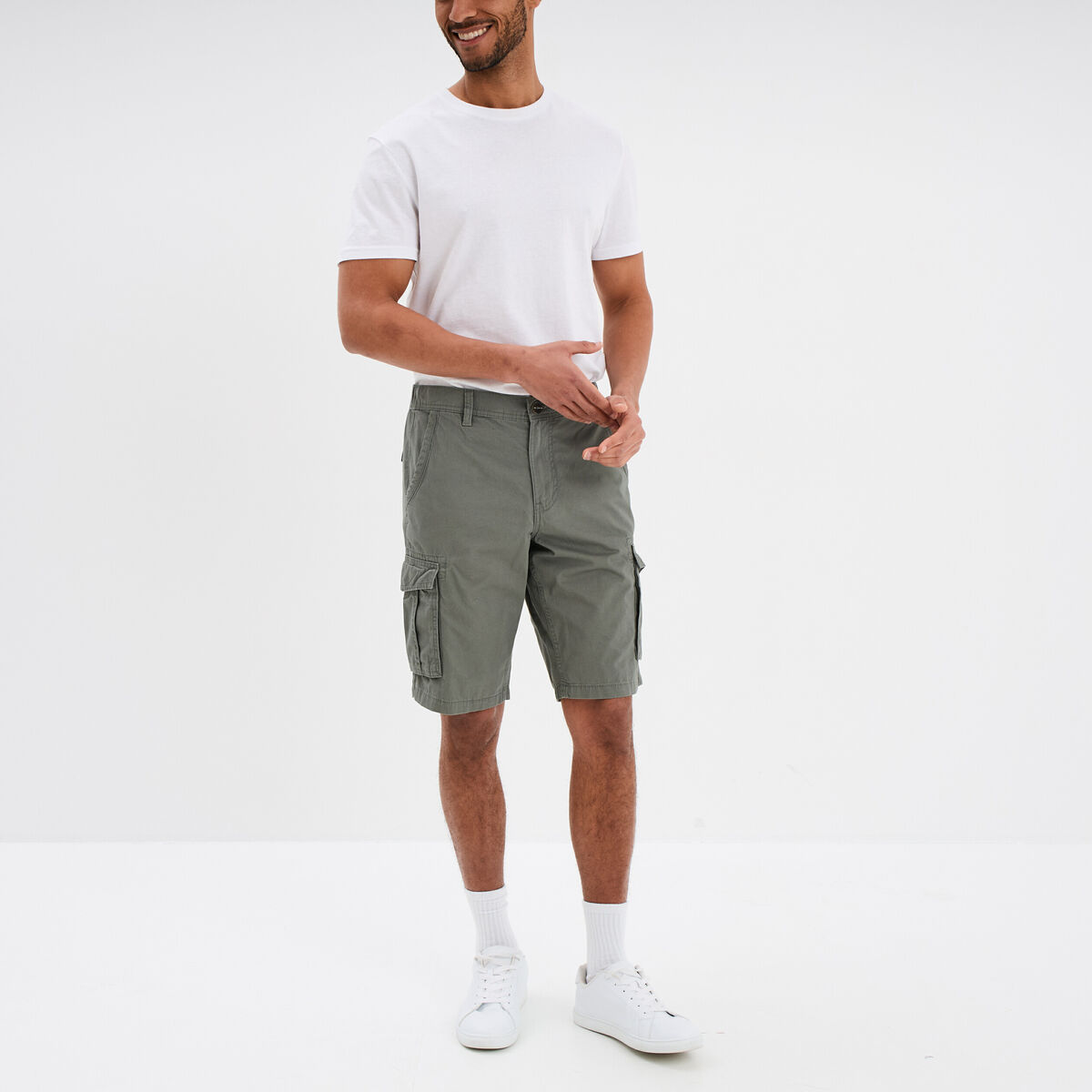 Bermuda short cargo poches &agrave; rabat coton gris homme
