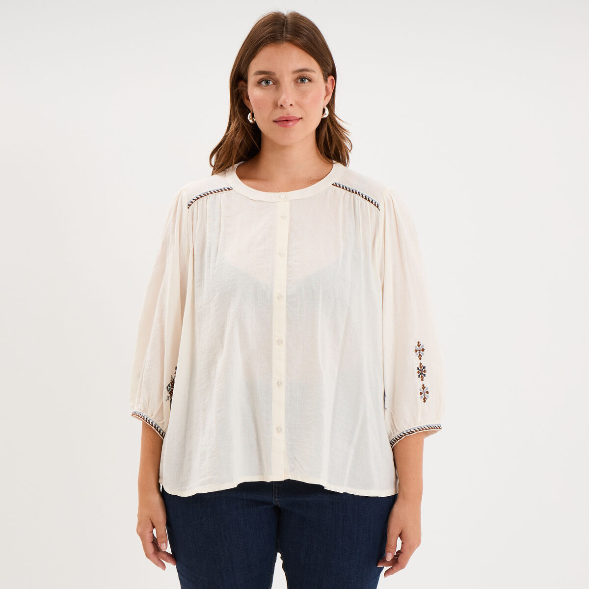 Blouse brod&eacute;e manches bouffantes 3/4 ecru femme grande taille