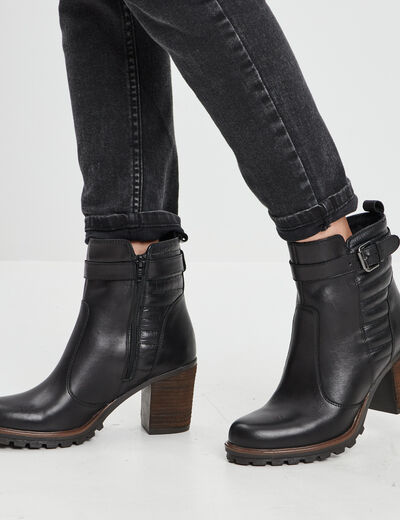 Bottines à talons en cuir boucle noir femme